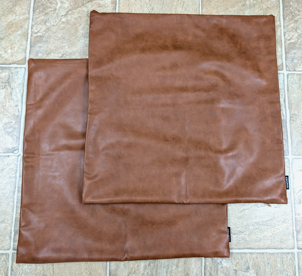 2 Homefiner Vegan Faux Leather Pillow Cases cognac brown throw 19" X 19"